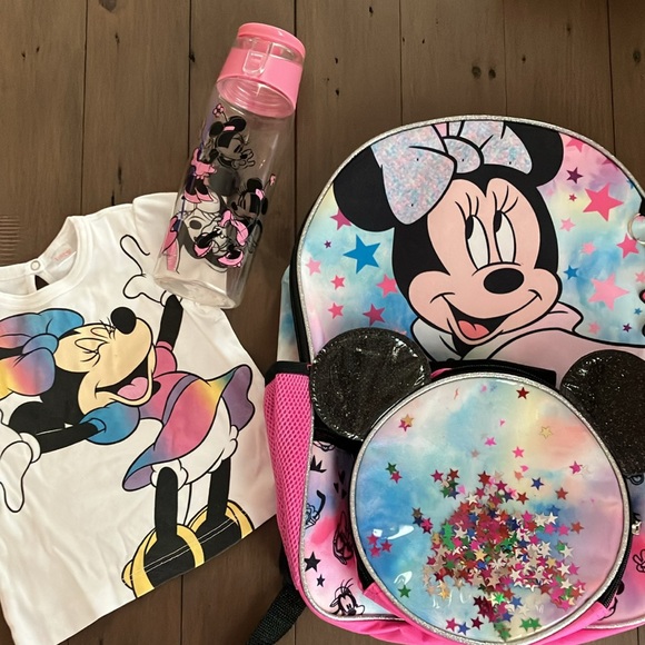 Disney Minnie Mouse Girls Backpack, Lunch Box, Water Bottle & 9 Month Top - Picture 1 of 16